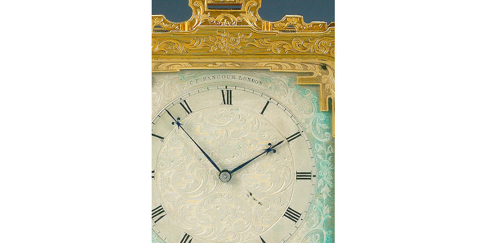 A mid 19th century engraved and lacquered brass strut timepiece with manual calendar in the manner of Thomas Cole C.F. Hancock, London