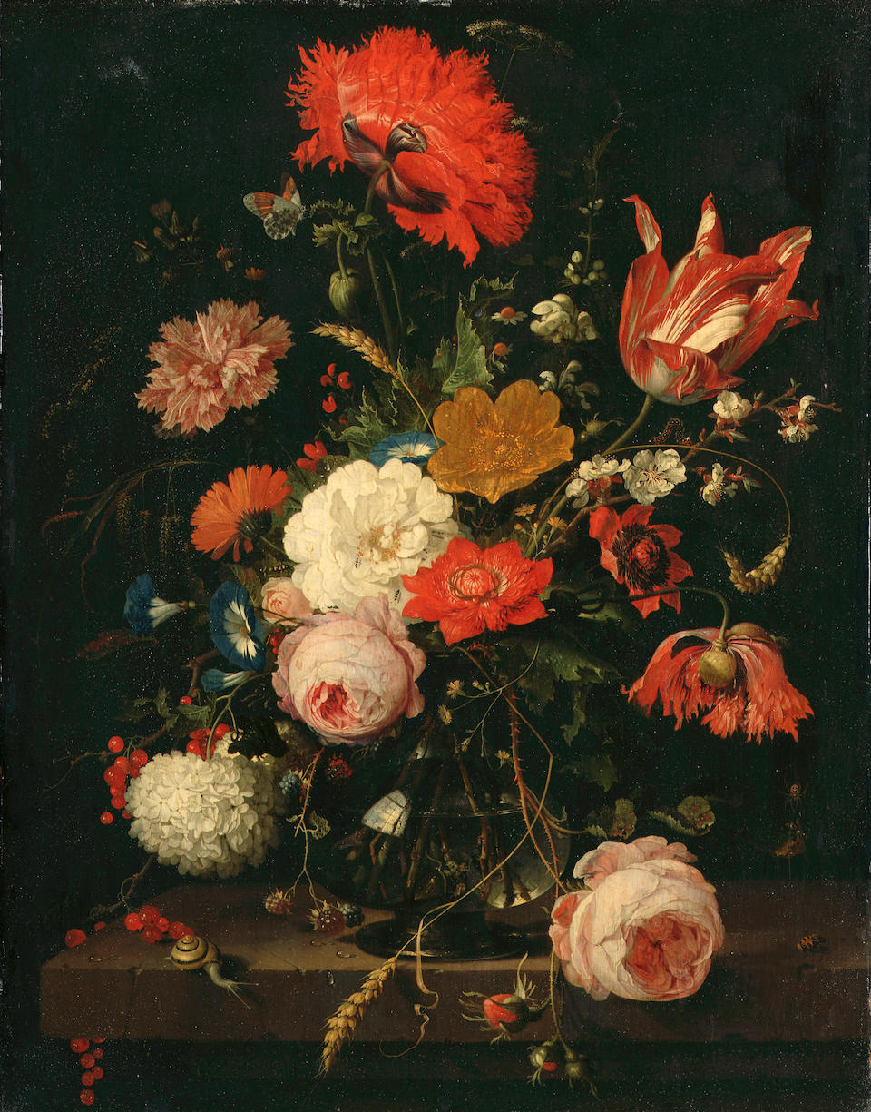 Abraham Mignon A still life of roses, poppies, a parrot tulip, convolvulus, a carnation, blackberries, redcurrants, ears of corn, cow parsley and other flowers in a glass vase on a stone ledge, surrounded by numerous insects, a butterfly, caterpillars, a snail and a spider47 x 36.5 cm. (18&#189; x 14 3/8 in.) with 2 cm. extension to the sides