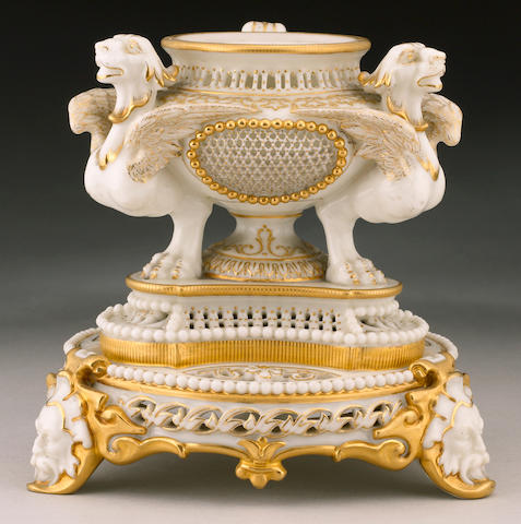 A very rare Royal Worcester reticulated inkstand by George Owen dated 1914