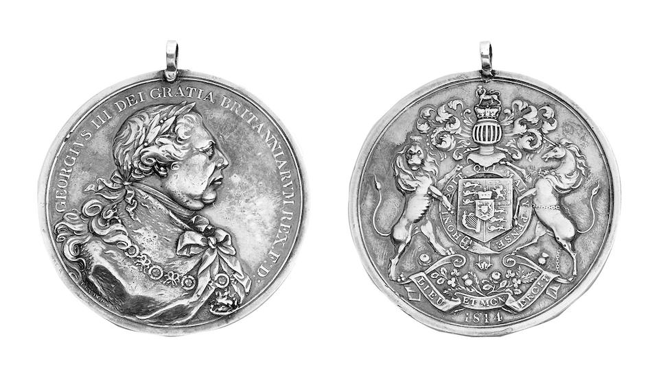 North American Indian Chiefs Medal 1814, silver, by T.Wyon Jr., 75mm dia., obv. bust of George III facing right, rev. Royal Arms, crest, supporters and motto, 1814 below. (Jamieson 24-6, Eimer 1061).