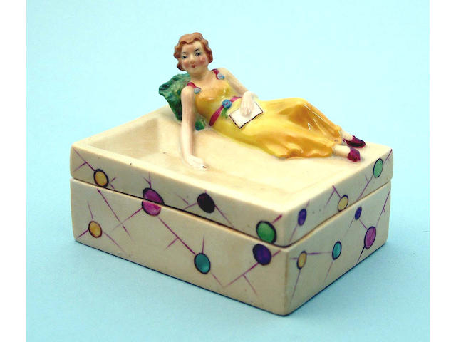 A WH Goss lady reclining on a cigarette box,