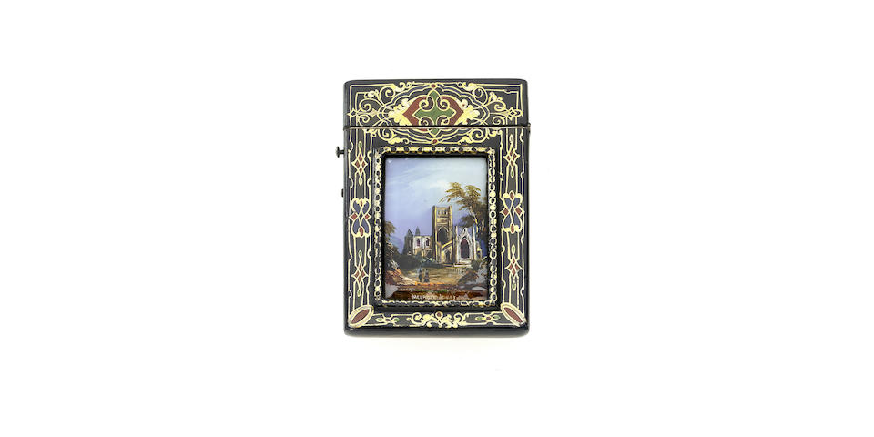 A Victorian jewel-painting mounted lacquer card case,