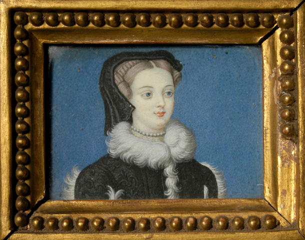 Bernard III Lens (1750/6-1808) A portrait of a lady dressed as Mary Queen of Scots, in black dress slashed to reveal white fur, pearl necklace and black cap rectangular, 45mm., in a gilded wood frame.