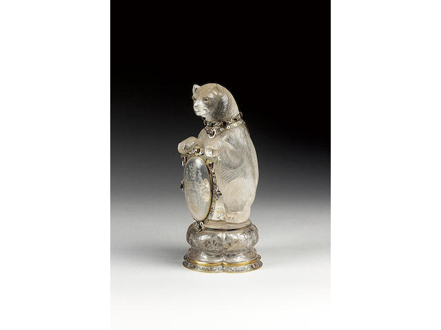 A 19th Century Viennese carved rock crystal model of a bear with enamelled and gem-set, silver-gilt mounts in the Renaissance taste, unmarked, circa 1860,