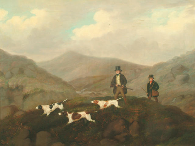 Follower of Charles Henry Schwanfelder (1774-1837) A highland shooting scene with pointers and gentlemen 66 x 86cm