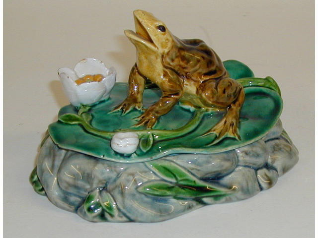 An unusual Minton majolica frog box and cover, dated 1874,