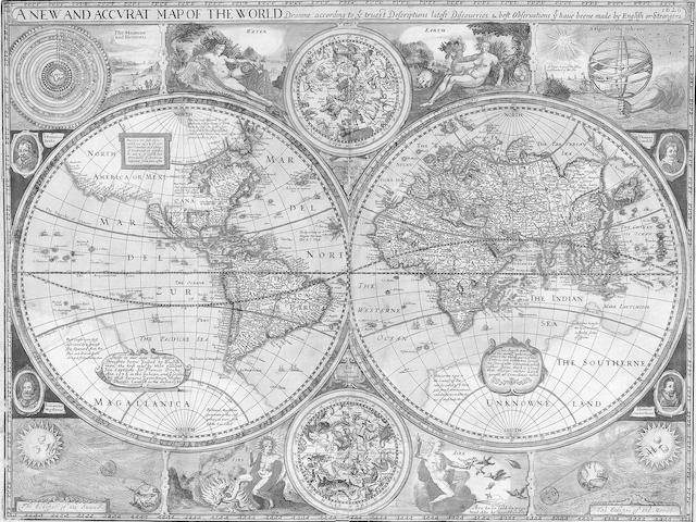 WORLD [SPEED (JOHN)] A New and Accurat Map of the World Drawne according to ye truest Descriptions latest Discoveries & best Observations yet have beene made by English or Strangers