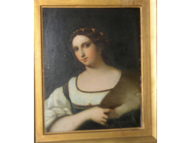 Manner of Tiziano Vecellio, called Titian, 19th Century, Portrait of a lady wearing a fur stoleoil on board, 31 x 24cm.
