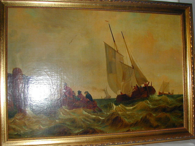English School circa 1870, Passengers coming ashore, a steam assisted sailing vessel beyondoil on canvas, 65 x 95cm.