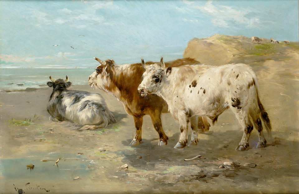 Henri Schouten (Belgian 1857-1927) Cattle by a pond; Cattle on a beach 60 x 90 cm. (23 1/4 x 35 1/2