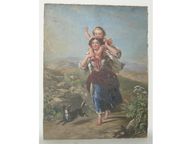 Italian School Mid/Late 19th Century, Mother and child on a country roadoil on board, 32.5 x 26cm, unframed.