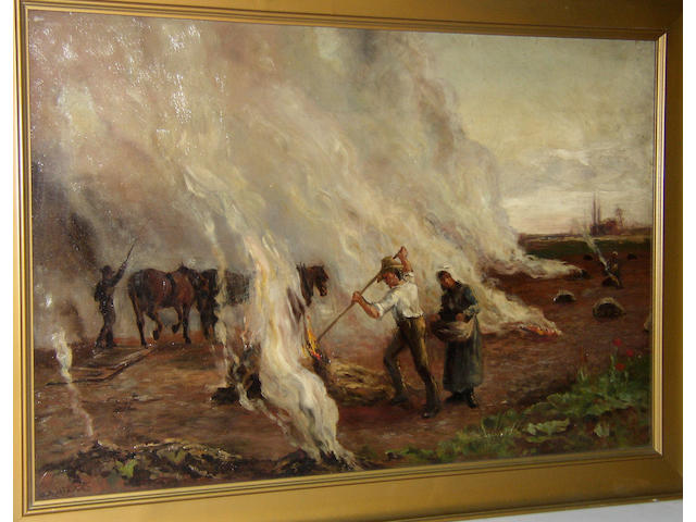 William Arthur Waite (fl. 1875-1896) British, "Weed Burning at Bidford"signed 'W.A. Waite' and inscribed with title verso, oil on canvas, 51 x76cm.