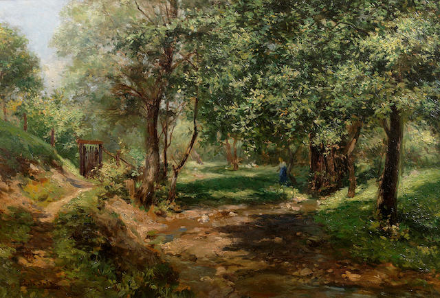 Paolo Sala (Italian 1859-1929) A wooded path 48.5 x 72.5 cm. (19 x 28 1/2 in.)
