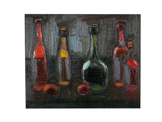 Theodore Major (1908 - 1987) 'Five bottles and fruit', 45 x 54cm.