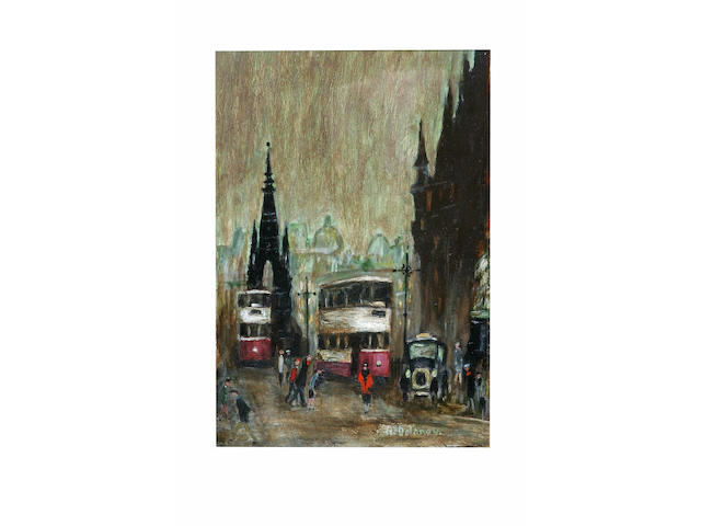 Arthur Delaney (1927 - 1987) Trams in Albert Square, Manchester, 23 x 16cm.