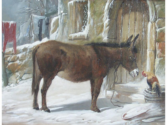 Henry Charles Woollett (fl.1851-1872) Donkey and cockerel 23.5 x 30.5cm