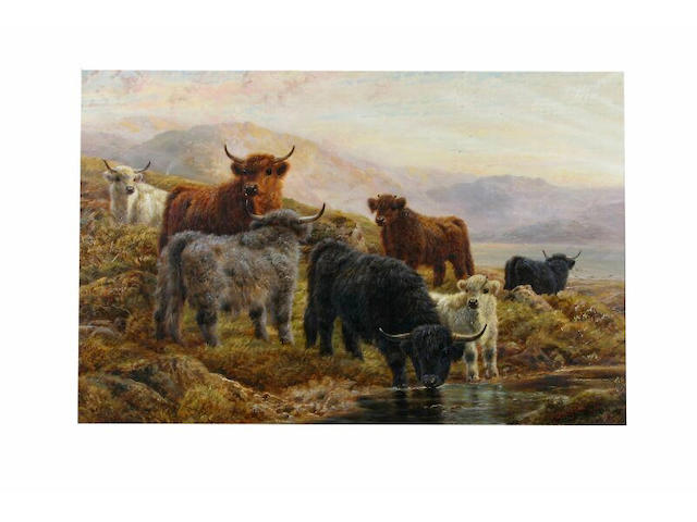Robert Watson (fl. 1877 - 1920) Highland cattle on the side of the loch, 61 x 91cm.