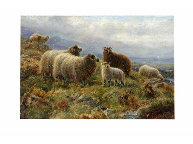 Robert Watson (fl. 1877 - 1920) Sheep on a hillside; and another, Highland cattle by a stream, 41 x 61cm.