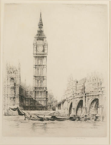 Frederick A Farrell Big Ben from Westminster Bridge Etching, on cream wove, signed in pencil; in good condition, unexamined out of the frame, 300mm x 235mm (11 3/4in x 9 1/4in)(PL) Together with 'Westminster Square' and 'Horses Guards' each signed in pencil 3