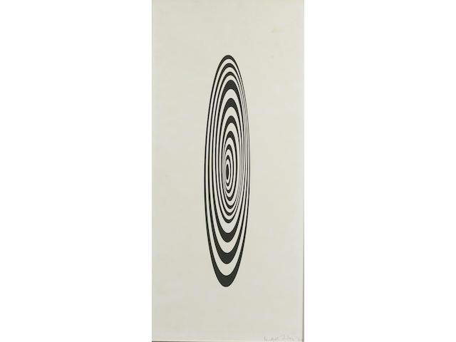 Bridget Riley Untitled (Oval image) Silkscreen, 1964, printed in black, on wove, signed, dated and numbered 9/50 in pencil, printed at Kelpra Studio and donated to the ICA; faint time and mount staining, unexamined out of the frame, 750mm x 340mm (29 1/2in x 13 1/4in)(I)