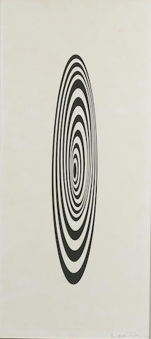 Bridget Riley Untitled (Oval image) Silkscreen, 1964, printed in black, on wove, signed, dated and numbered 9/50 in pencil, printed at Kelpra Studio and donated to the ICA; faint time and mount staining, unexamined out of the frame, 750mm x 340mm (29 1/2in x 13 1/4in)(I)