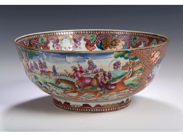 A Chinese famille rose 'Hunting' punch bowl, 18th Century,
