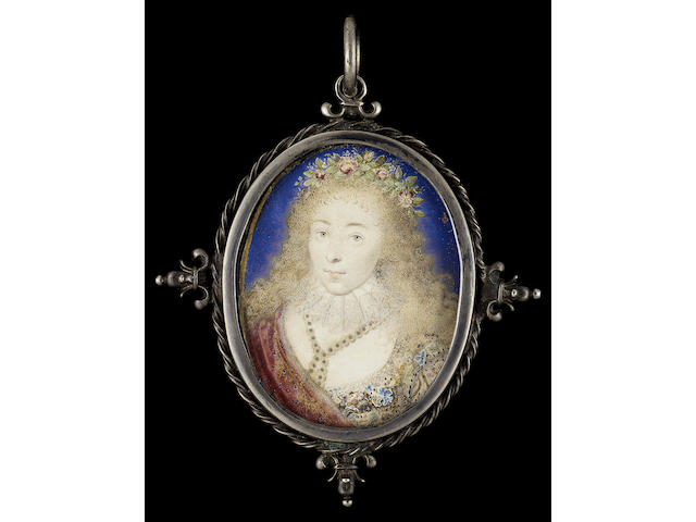 Peter Oliver, Lady Dorothy Percy, Countess of Leicester,(1598-1659) wearing elaborate embroidered dress, falling white ruff, a pearl earring and pearls at her neck, a red embroidered shawl over her right shoulder, fresh flowers in her flowing blonde hair