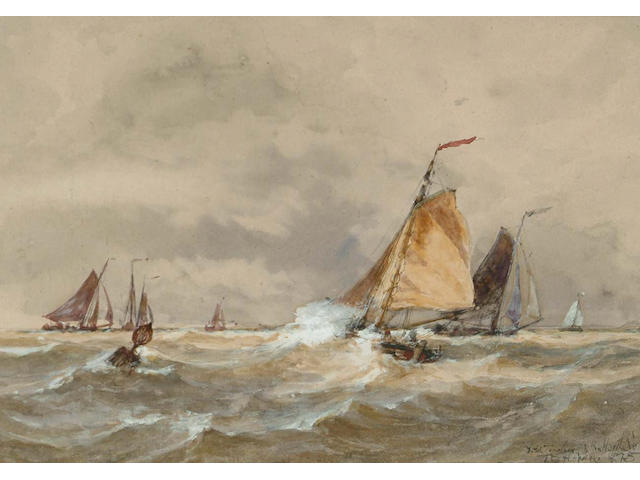 Thomas Bush Hardy (British, 1842-1897) Dutch fishing vessels on the North Sea, 13 x 17.5 cm.