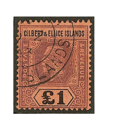 Gilbert and Ellice Islands: 1912-24 MCA &#189;d. to &#163;1 used, &#163;1 a little faded and with a small nick at top left. (415)