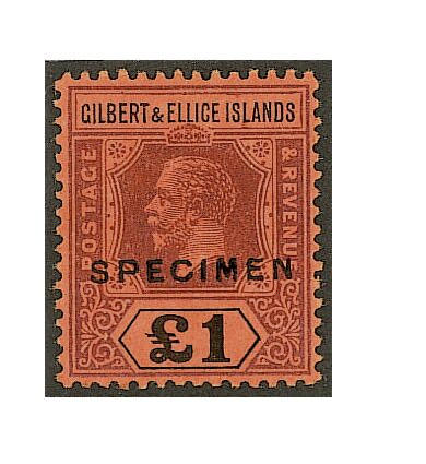 Gilbert and Ellice Islands: 1912-24 MCA &#163;1 purple and black/red overprinted "SPECIMEN" with gum, fine and fresh. (416)