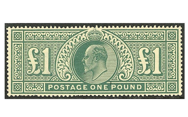 1911-13 Somerset House: &#163;1 deep green, fresh unmounted mint, some uneven perfs at base, otherwise fine. S.G. &#163;2000.