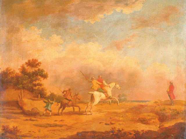Style of William Sawry Gilpin (1762-1843) 'A race between a horse and a donkey with an onlooker and a goader' Oil on canvas 35 x 46cm