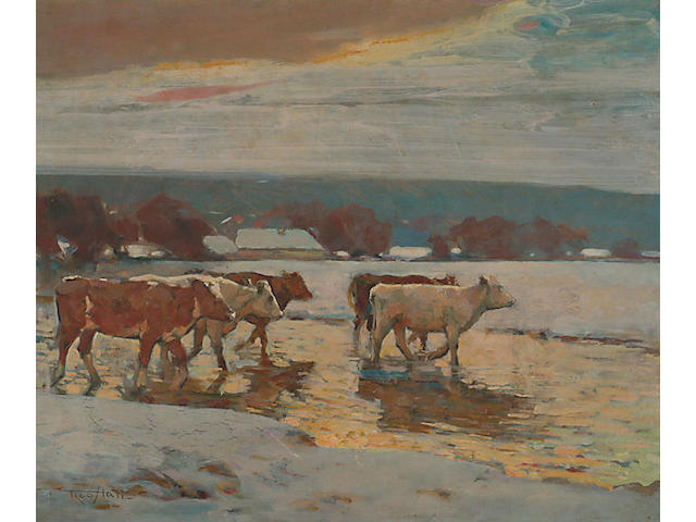 Fred Hall (1860-1948) 'Cattle fording a river on a winter's evening'