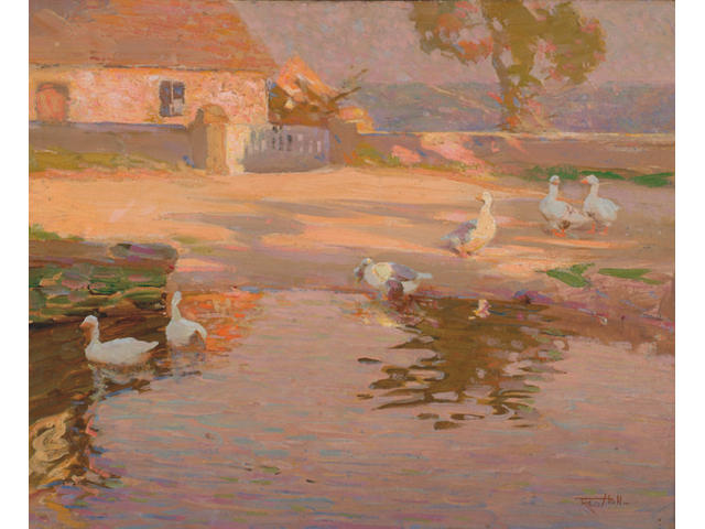 Fred Hall (1860-1948) 'Geese at a farm pond'