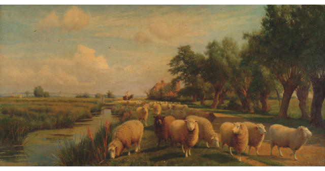 William Sidney Cooper (1854-1927) 'Marshlands, Kent - Drover with sheep along a river'