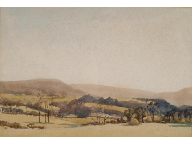Edgar Thomas Holding (1870-1952) 'Sandpit on Little Bognor Common, Sussex' and 'An extensive upland landscape' Both signed, also inscribed on labels on the reverse, watercolours (2) 23.5 x 38cm and 26 x 38cm