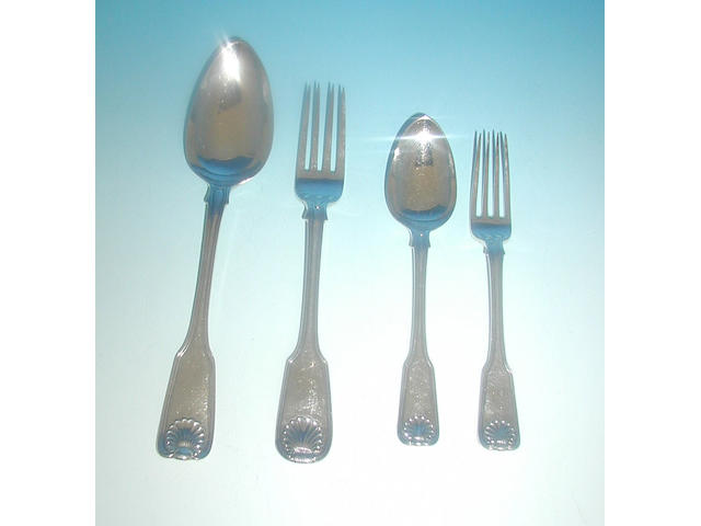 A George III Irish part canteen of fiddle, thread and shell pattern cutlery, by Samuel Neville and Edward Twycross, Dublin, 1812,