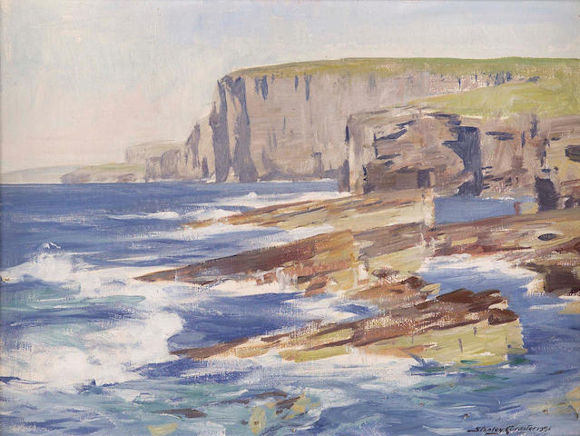 Stanley Cursiter CBE RSA RSW (1887-1976) Cliffs and surf, Orkney 29x39cm