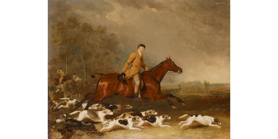 Abraham Cooper (London 1787-1868 Greenwich) Portrait of Thomas Oldachre mounted on a chestnut hunter with hounds in a landscape 72 x 92.2 cm. (28 3/8 x 36&#188; in.)