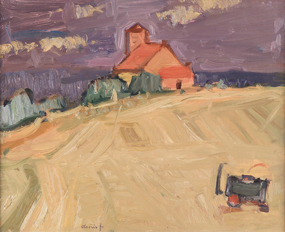 Denis Peploe RSA (1914-1993) "Church in the cornfield" 33x41cm.