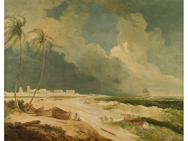 Thomas Daniell R.A., (British, 1749-1840) A South-East view of Fort St. George, Madras, a storm approaching 71 x 91 cm. (28 x 36 in.)