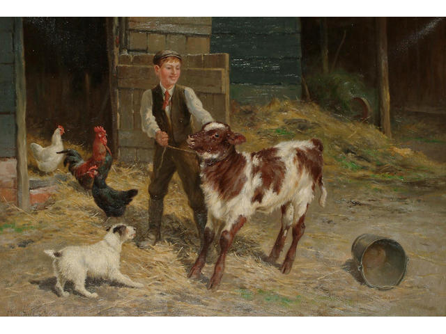 Claude Cardon A farmyard, with a young boy, his dog and a calf in the foreground, 46 x 66cm