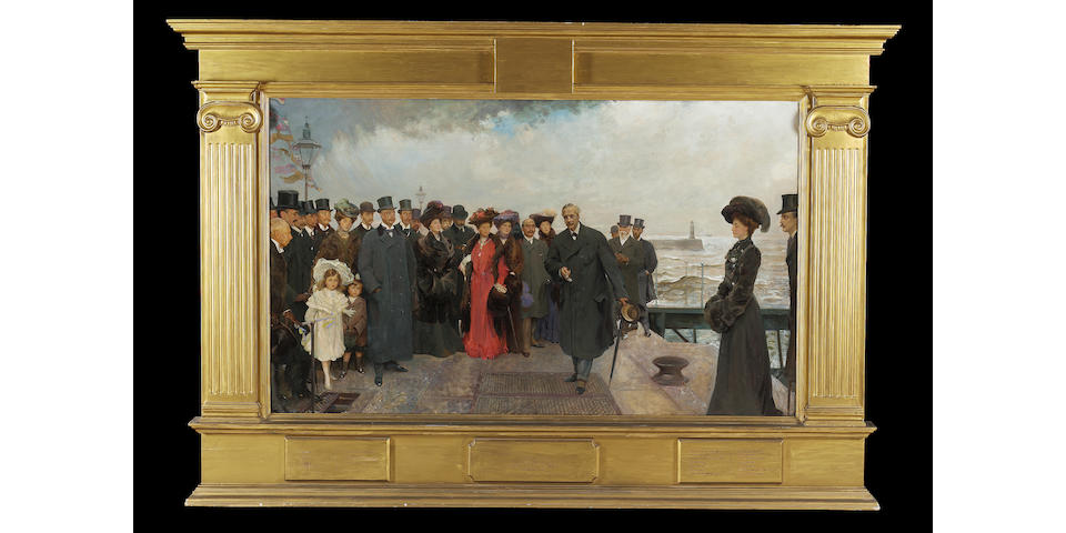John Henry Frederick Bacon (British, c.1865-1914) 'In commemoration of the opening of Seaham Dock by the Right Honourable A.J.Balfour, November 1905' 106.7 x 177.8cm. (42 x 70in.) in a 19th. Century tabernacle frame