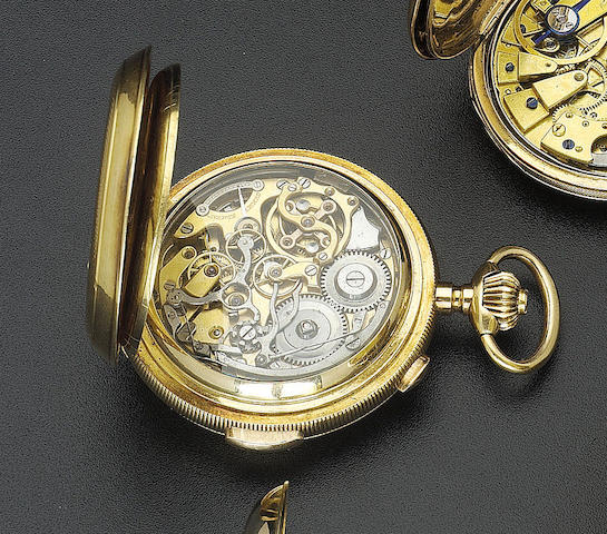 A late 19th century 18ct gold minute repeating hunter cased keyless lever chronograph Le Phare, retailed by J.Ullmann & Co., Hong Kong, Shanghai & Tientein
