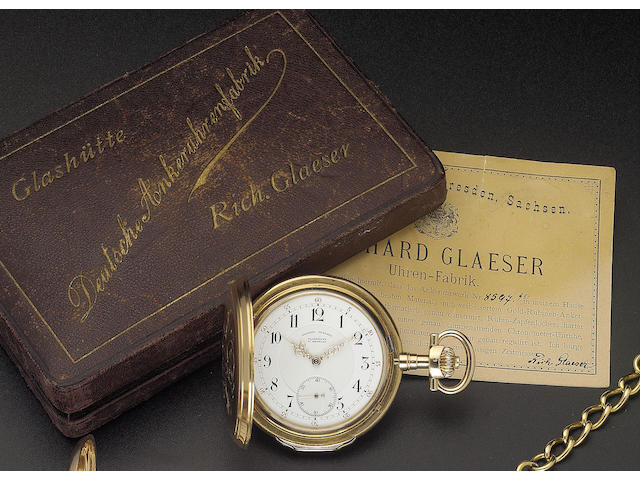 A fine late 19th century German 18ct gold hunter cased keyless lever watch in original presentation box, with papers, spare mainspring and two spare crystals Richard Glaeser, Glashutte b/Dresden movement numbered 8598, case numbered 8597