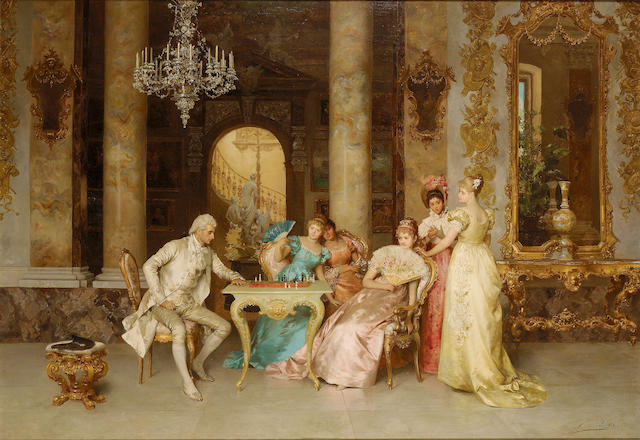 Bonhams : Francesco Beda (Italian 1840-1900) The game of chess 81 x 117.5  cm. (32 x 46 1/4 in.)