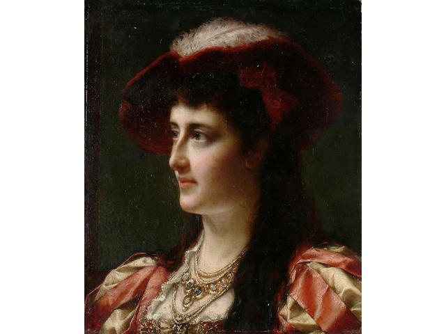 Attributed to Jan Frederik Pieter Portielje (Belgian 1829-1895) A young beauty in a feathered hat, 27 x 23cm,