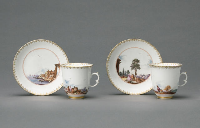 A fine pair of Meissen coffee cups and saucers circa 1740