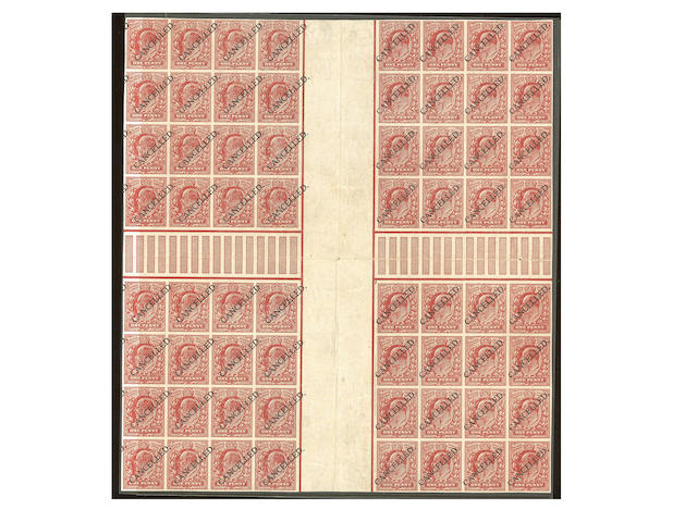 1911 Harrison: 1d. rose-carmine imperf. optd. "CANCELLED" type 21 diagonally, in a unique "cross gutter" block (8 x 8), some creasing, an important piece.