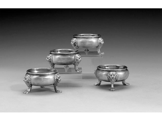 A set of four George II silver cauldron salts, by Edward Wood, London 1740,